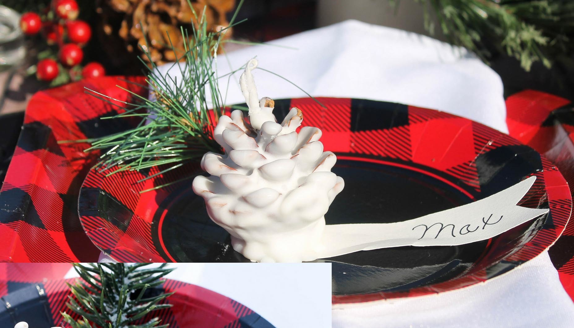 Buffalo Plaid Winter Wedding DIY Pinecone FIrestarter Place Card