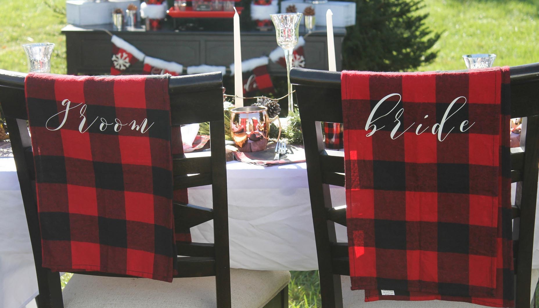Buffalo Plaid Winter Wedding Chair Backers