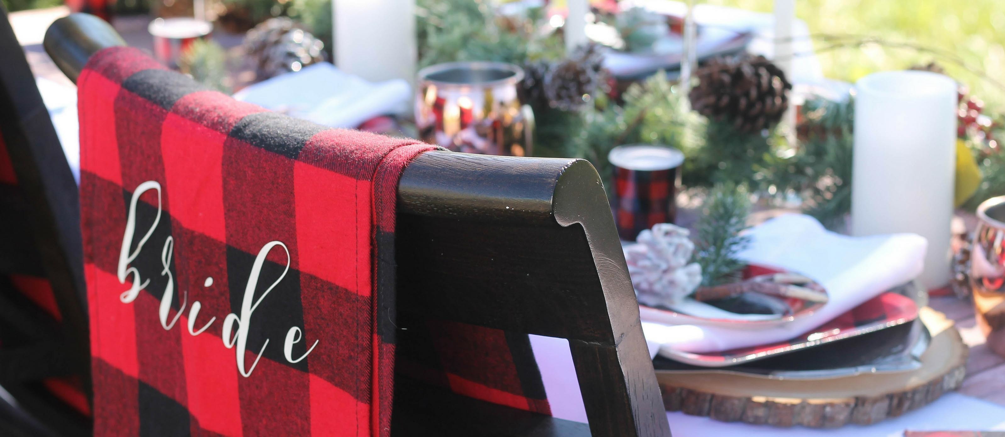 Buffalo Plaid Winter Wedding Bride Chair Backer