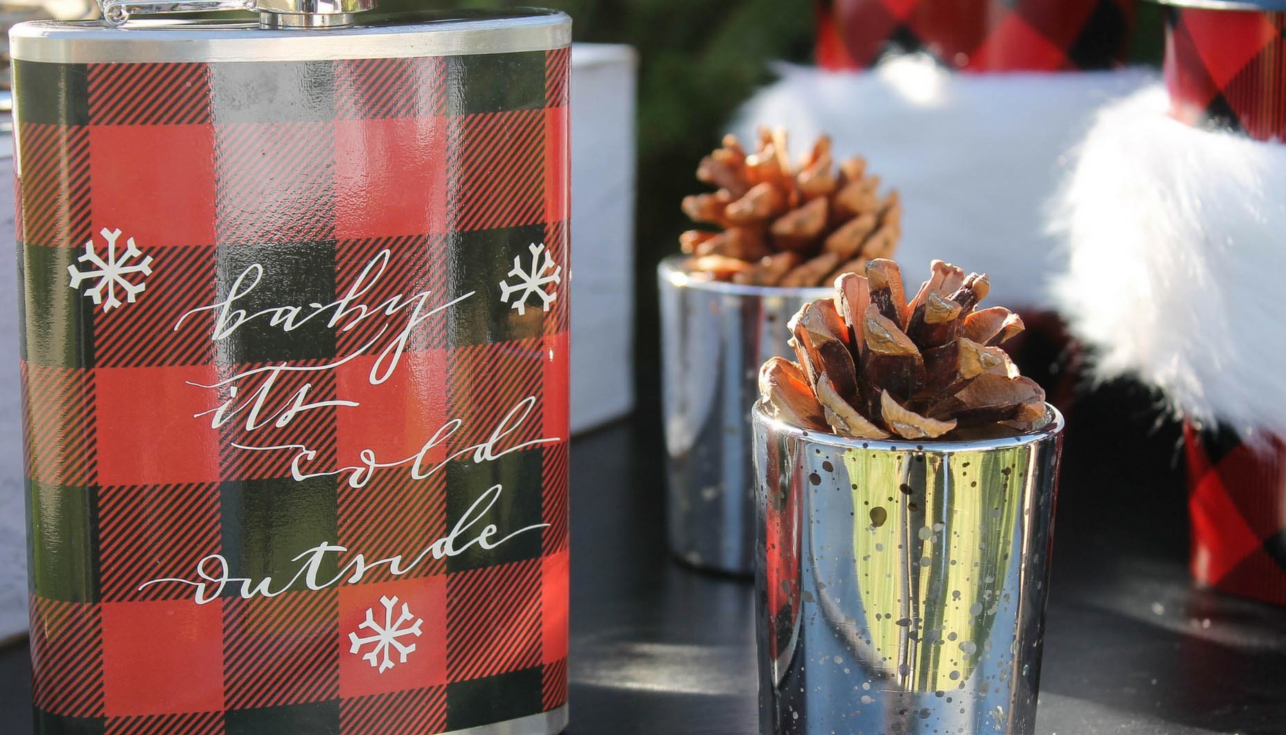 Buffalo Plaid Winter Wedding Personalized Flask