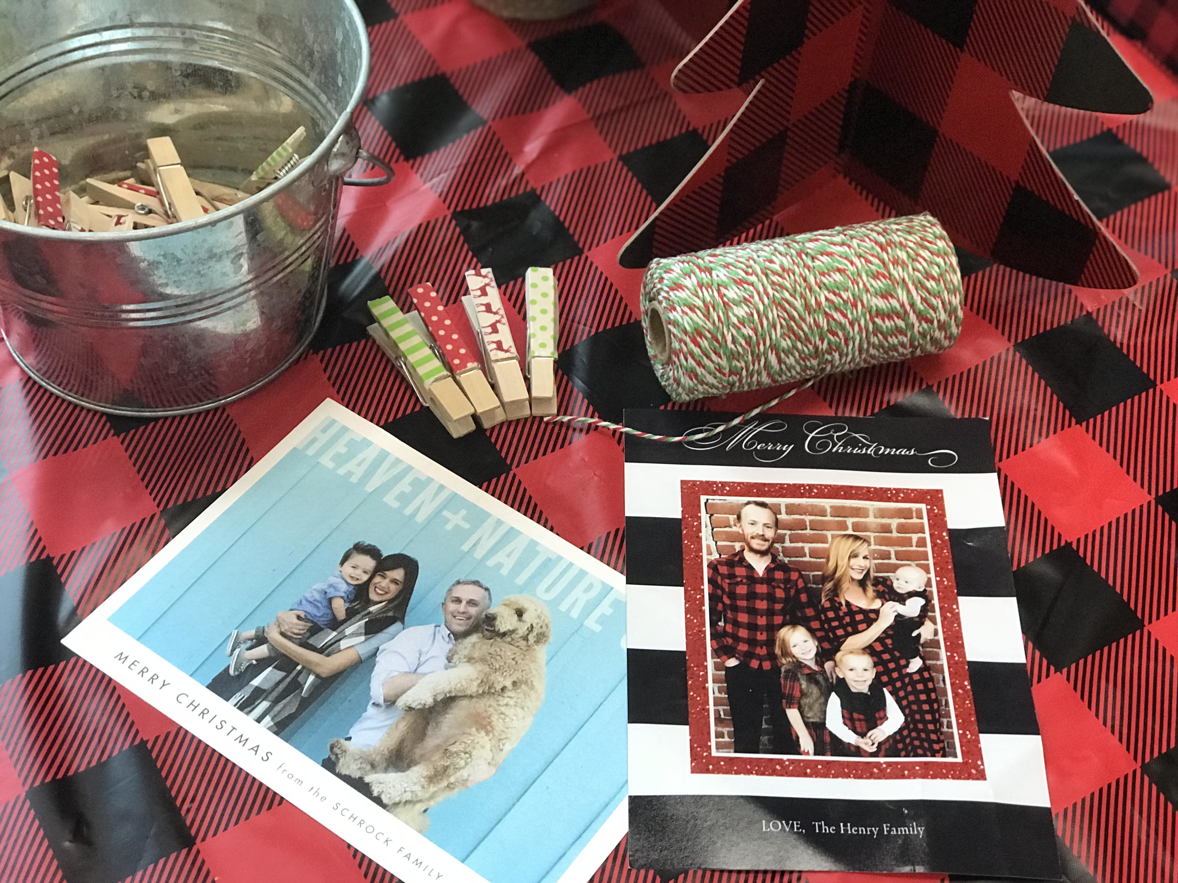 Clothesline holiday card photo display