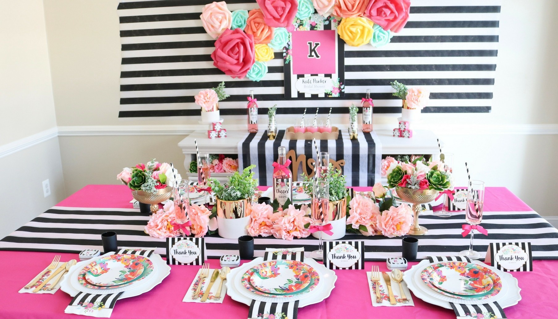 Pink Striped Birthday Bridal Shower Banner Personalized Party Backdrop 