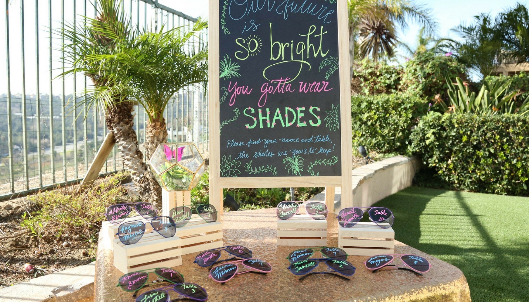 aviator sunglasses seating display with easel chalkboard