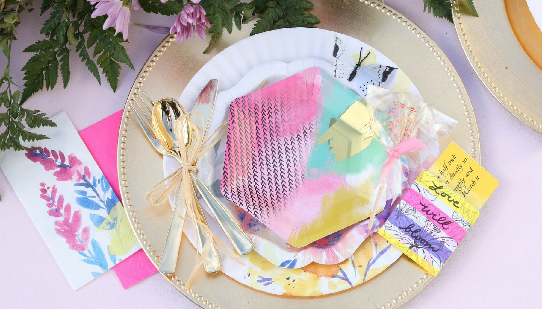 fluorescent floral tableware with gold accents