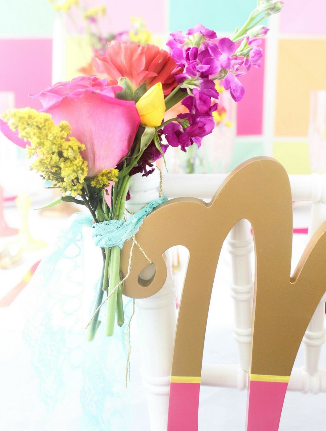 Colorful Wedding DIY Chair Backer Flower Details