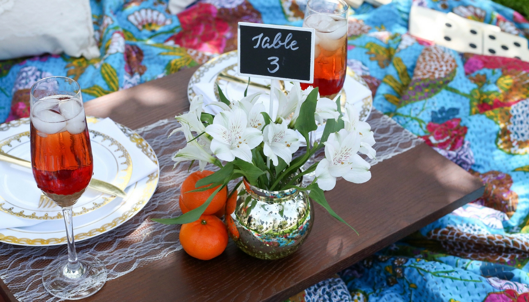 gold mercury glass vase table numbers for picnic wedding