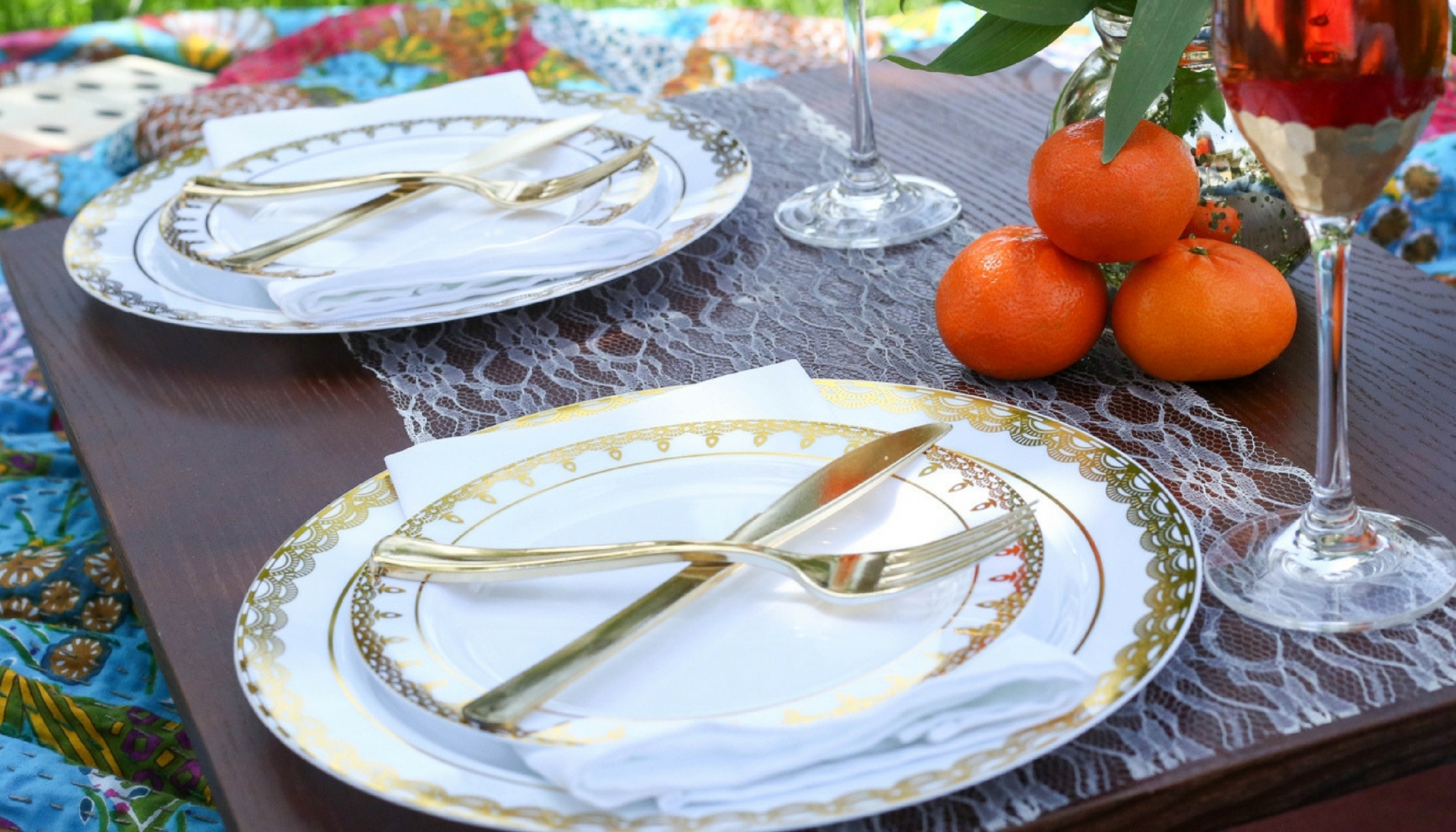 outdoor wedding disposable tableware elegant ornate gold