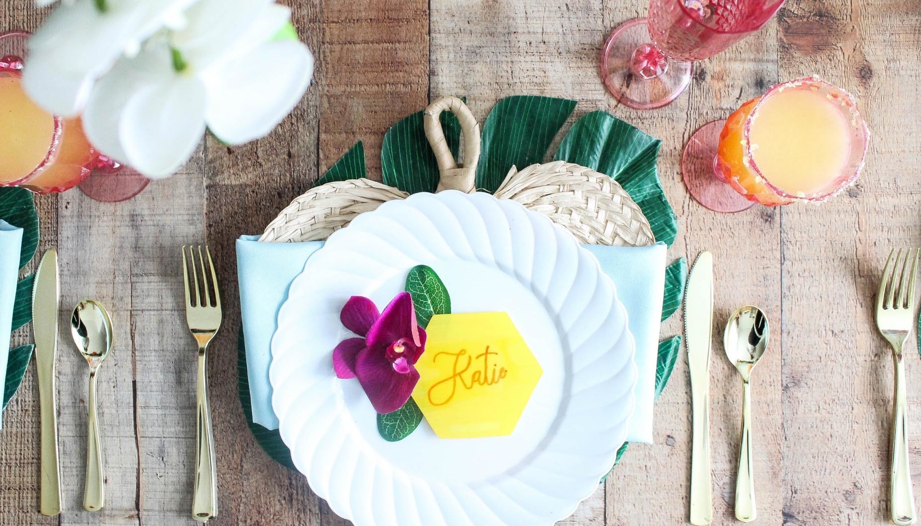 Tropical Boho Wedding Place Setting Gold Cutlery