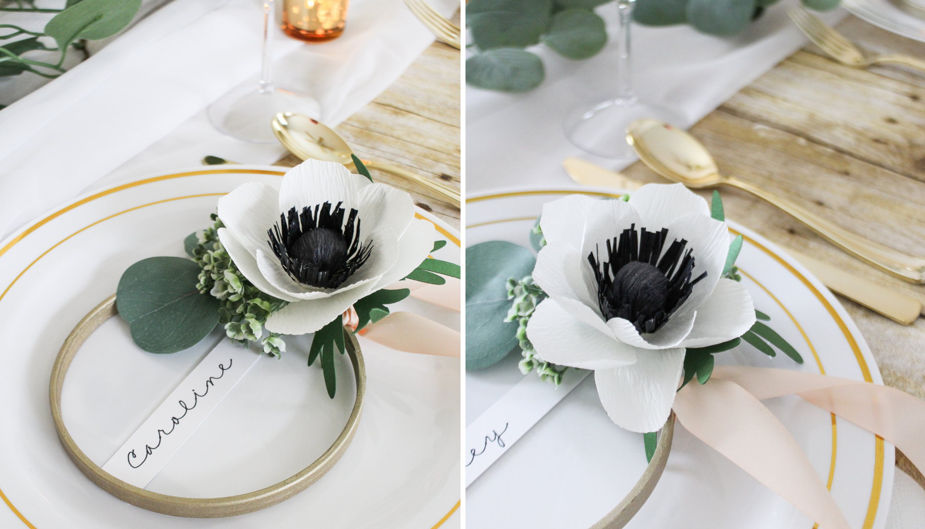 Beautiful DIY place setting idea featuring a twist on the modern hoop wreath.