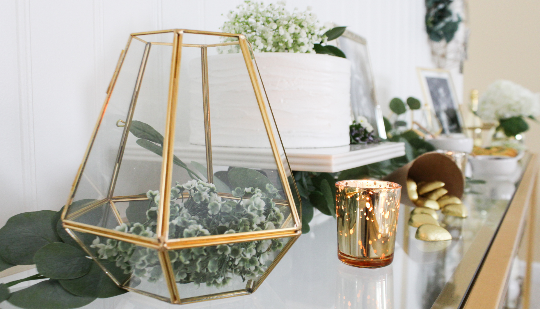 Beautiful gold geometric elements help create a stylish scene for a bridal shower.