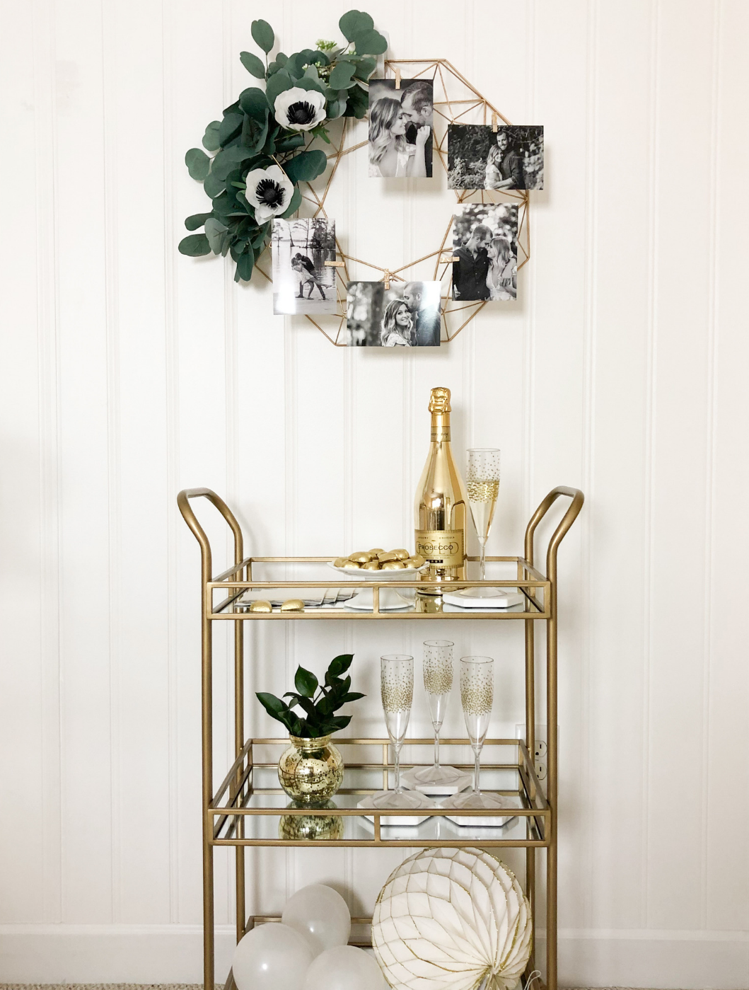 This stunning gold bar cart idea is stunning for a Gold Geo Botanical Bridal Shower.