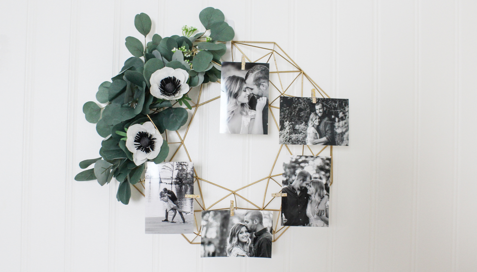 Gorgeous DIY decor for a Botanical Bridal Shower featuring a gold geometric wreath, botanicals, and anemones.