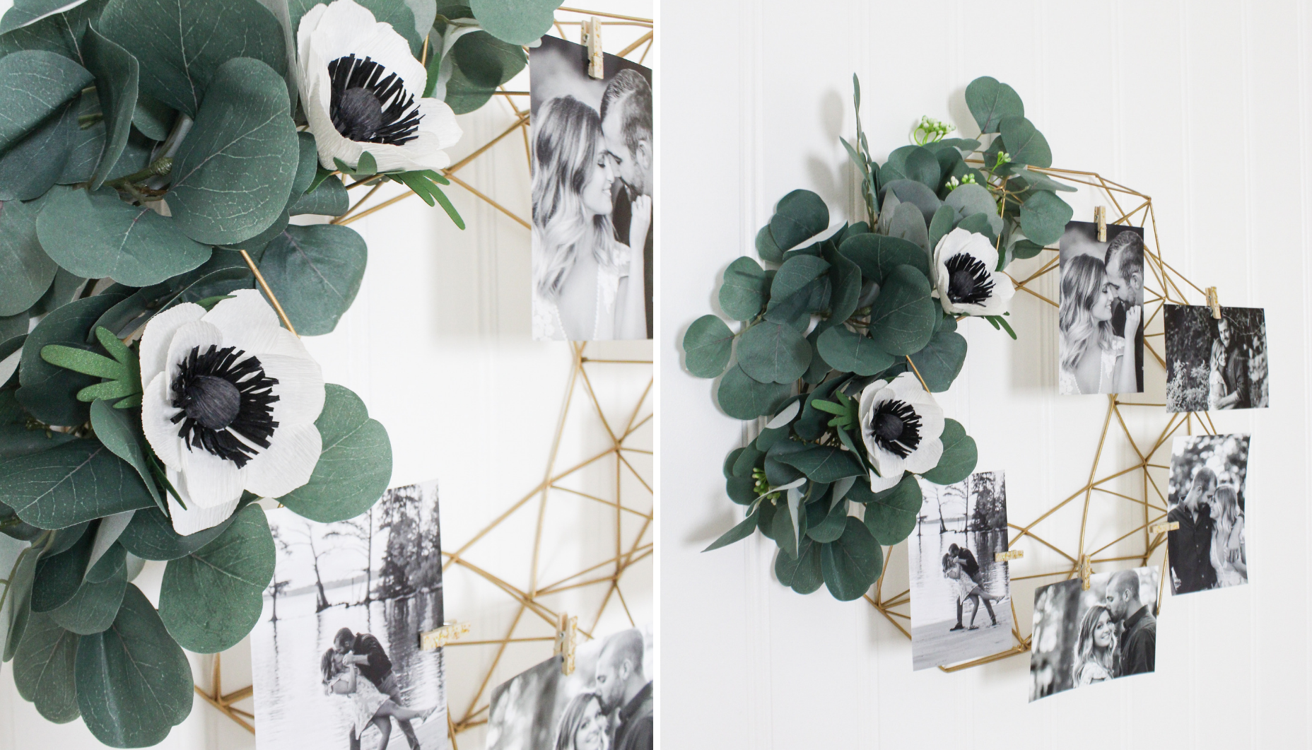 A modern, stylish, on-trend DIY wreath for a Botanical Bridal Shower featuring a gold geometric wreath, botanicals, and anemones.