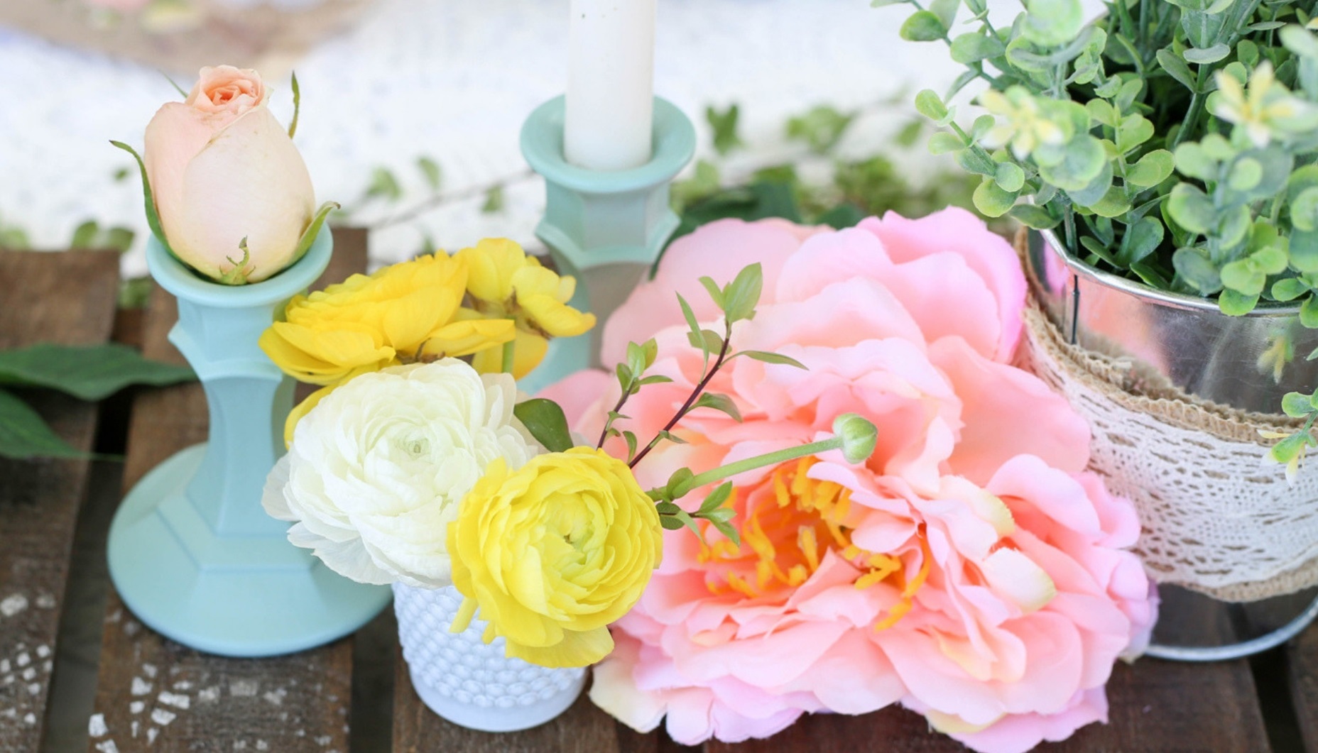 Pink Peony and Blush Rose Centerpiece on Rustic Wood