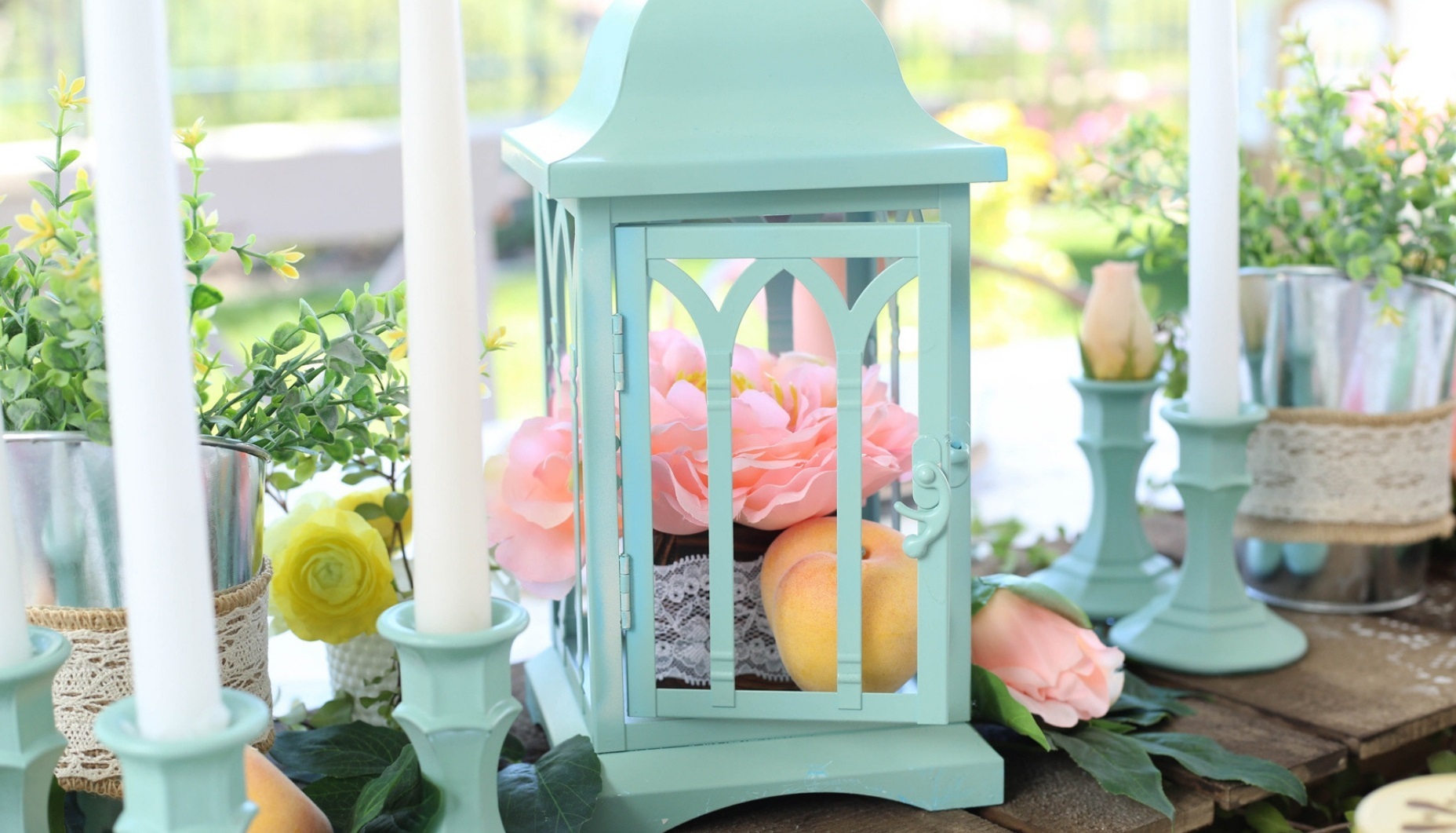 Bridal shower palette of mint and blush with peaches and pink peonies