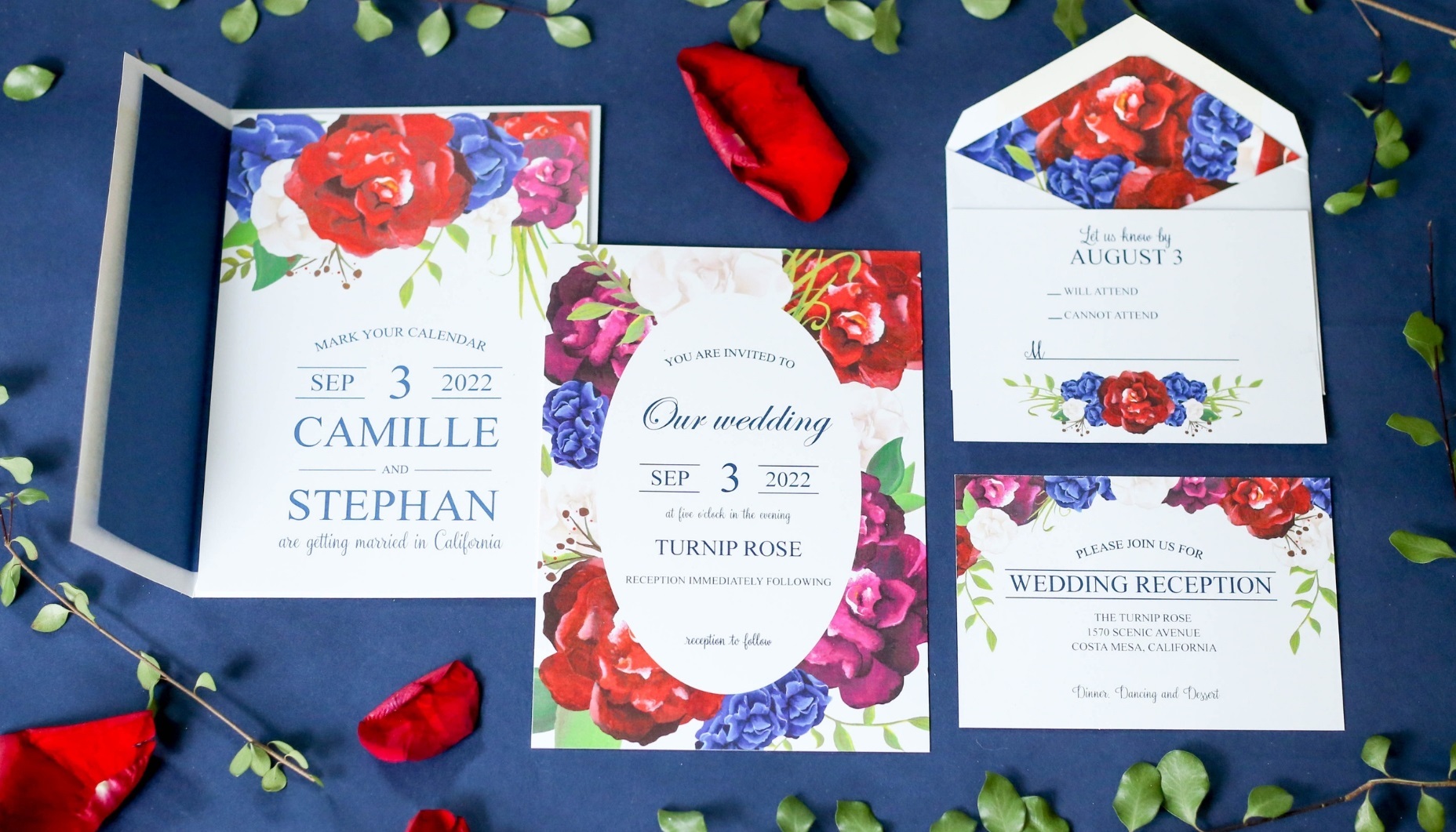 Navy red marsala floral wedding invitation suite
