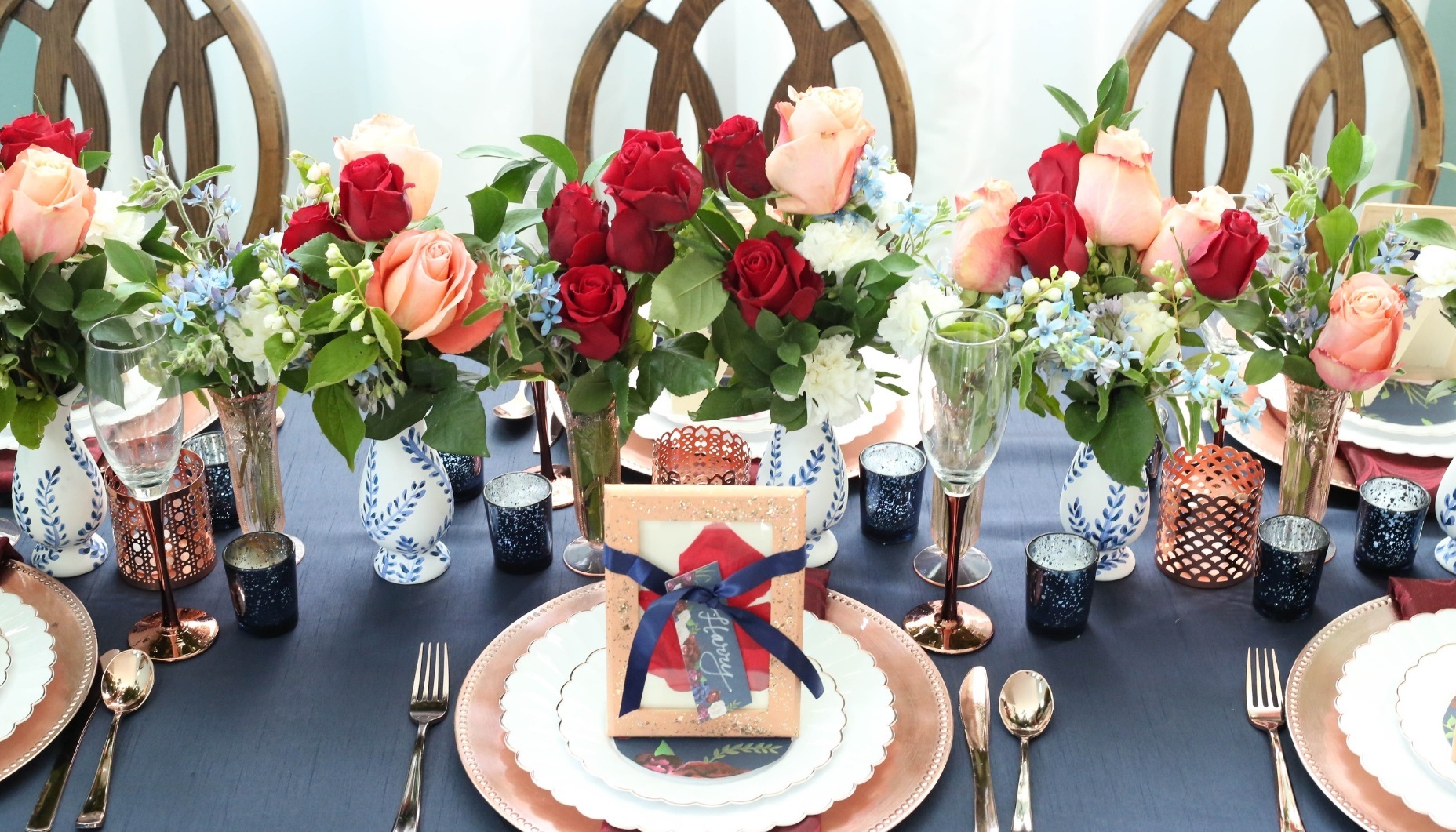 navy, marsala and coral wtih rose gold accents for wedding