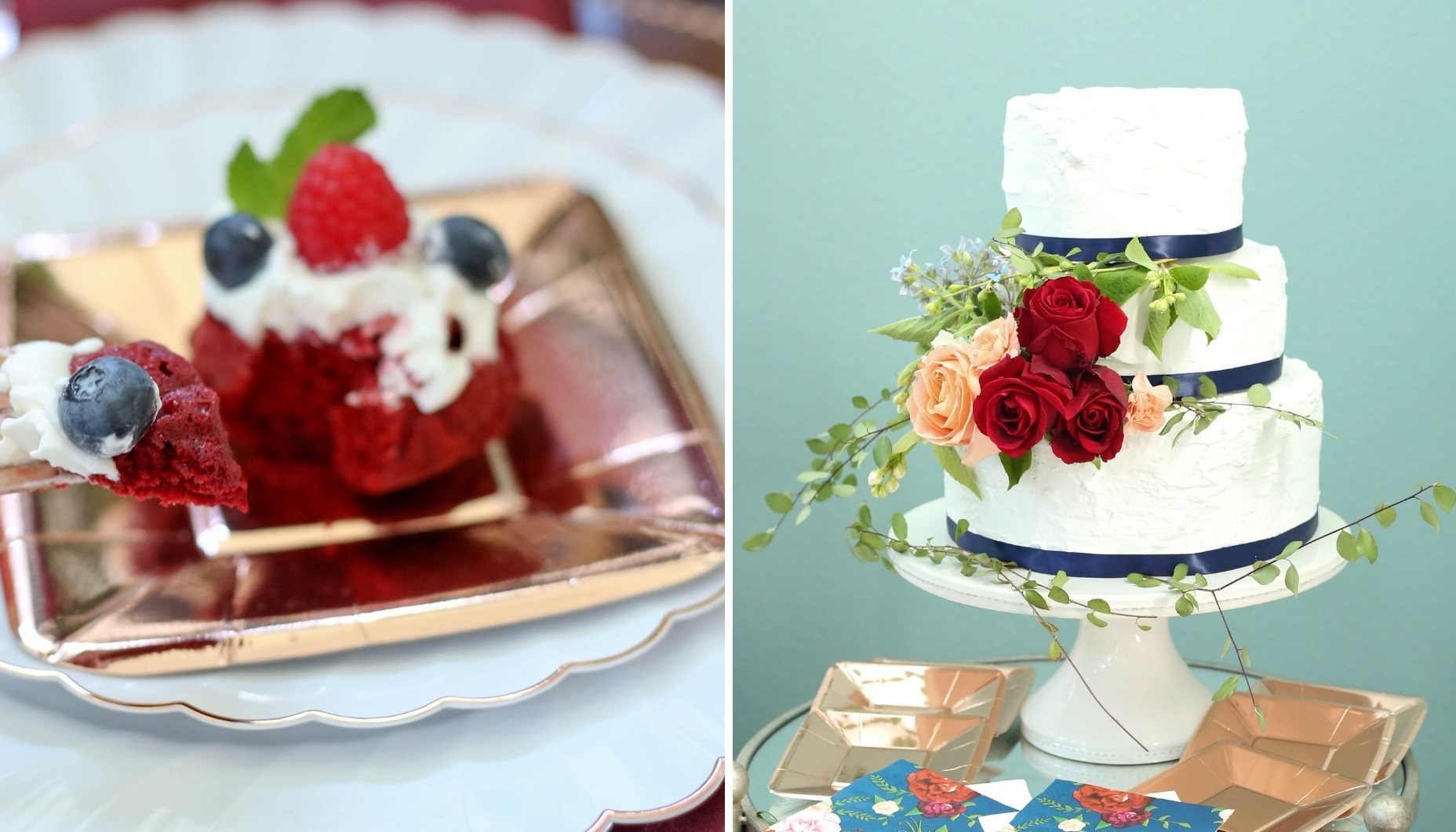 red white and blue wedding cake with fresh flowers