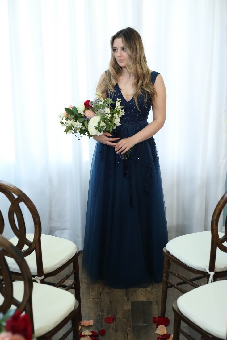navy and marsala wedding bridesmaid bouquet and navy dress