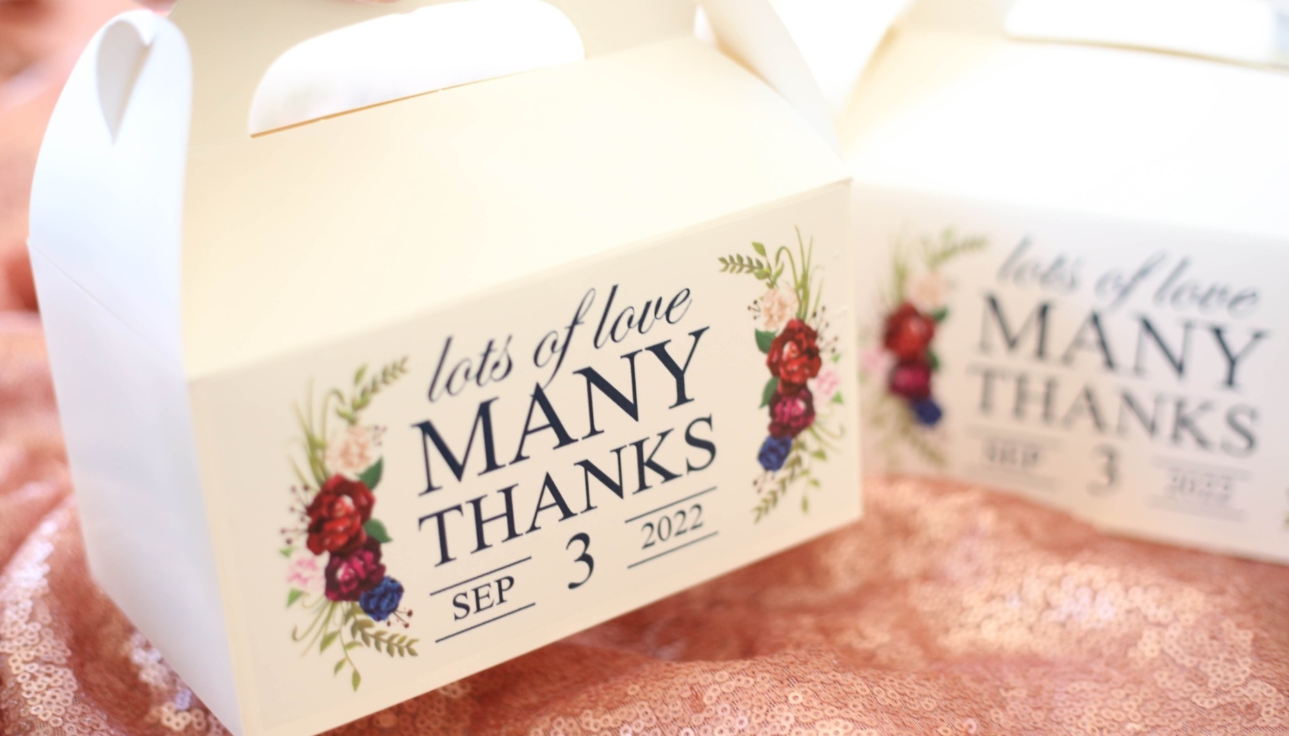 White gable box favor boxes with navy floral label