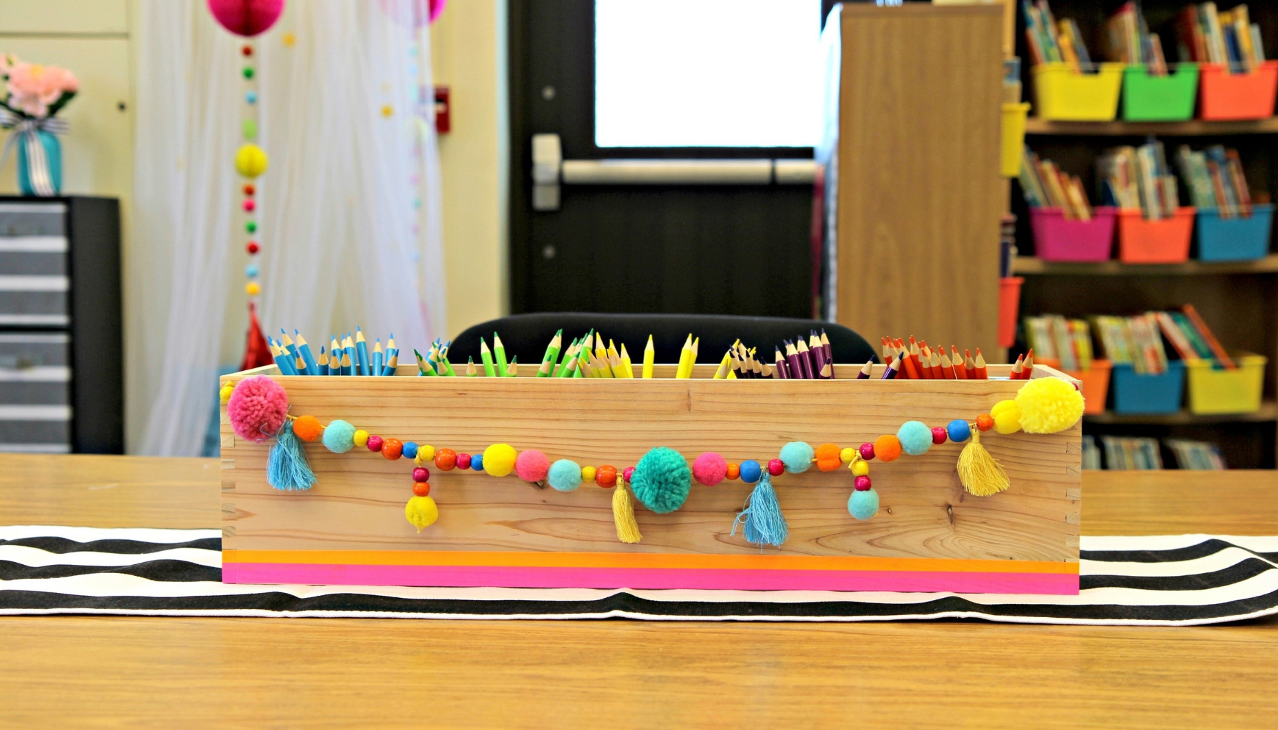 Create this confetti and neon inspired caddy to store all your essentials at your guided reading table or craft supply area