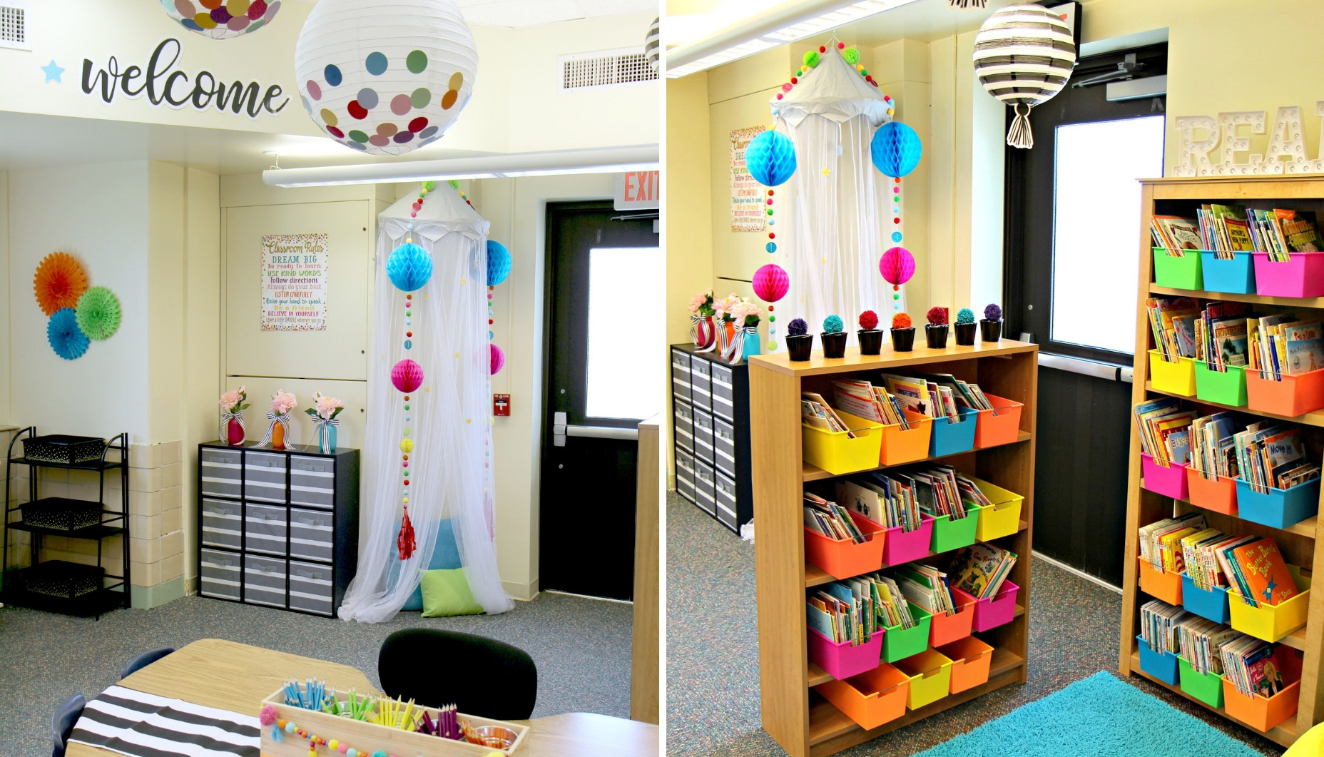Create a fun and warm atmosphere with this confettin themed library reading nook