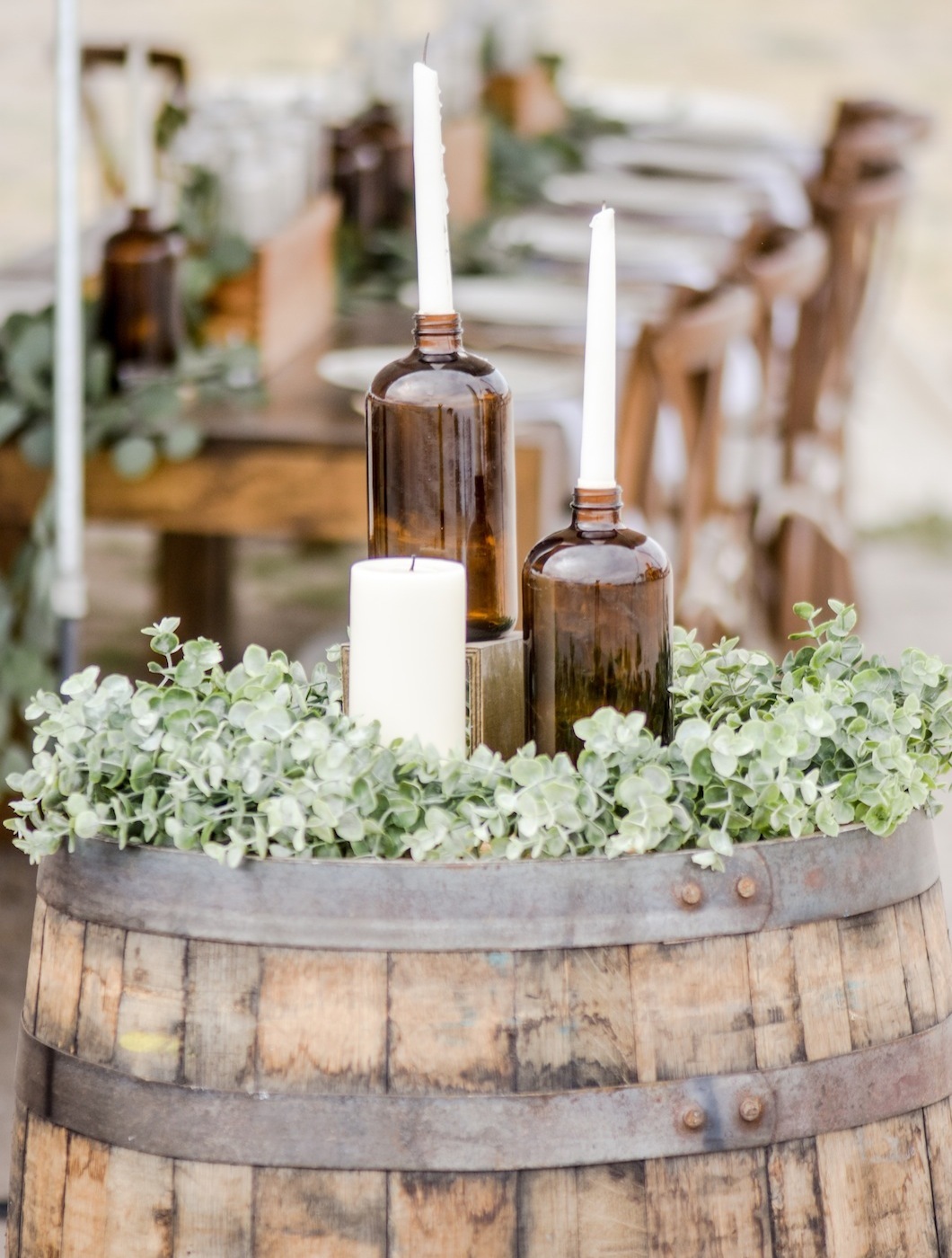 whiskey barrel candle decor fall farmhouse wedding by kara's party ideas