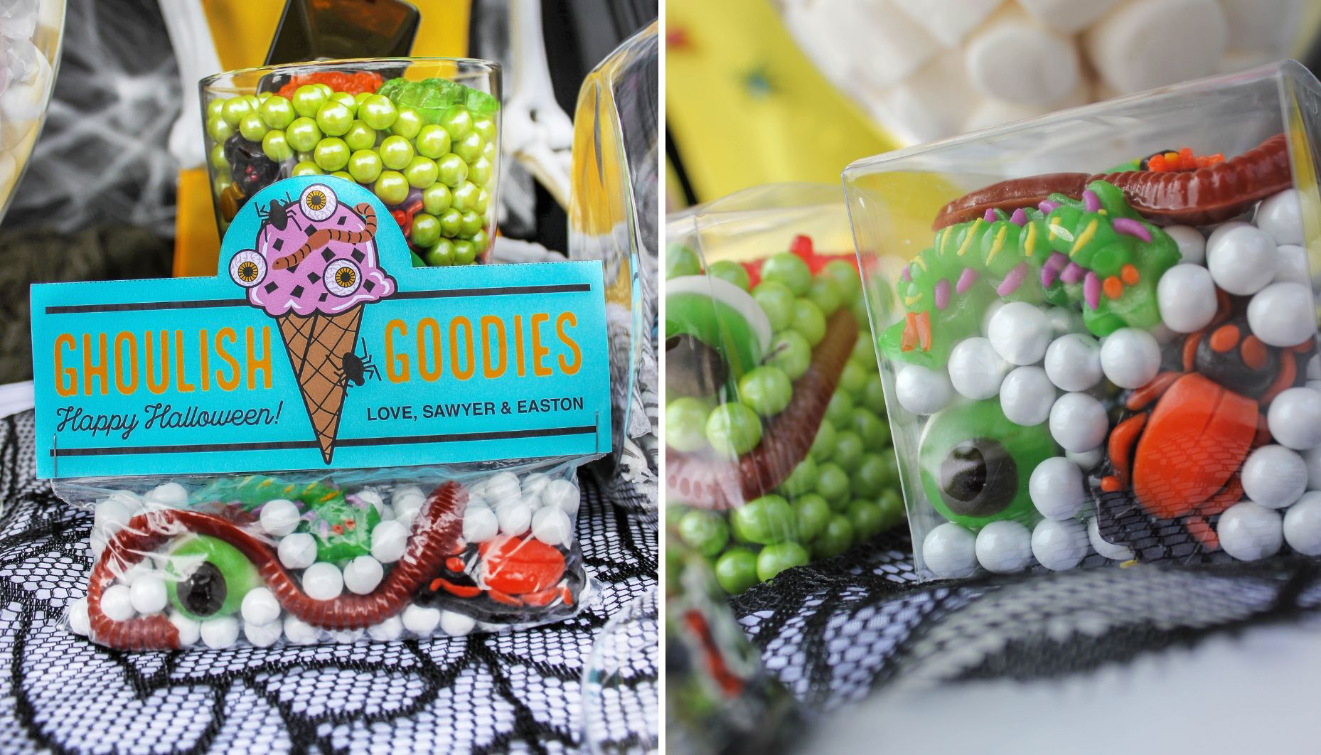 ghoulish goodie treat bags with creepy Halloween candy