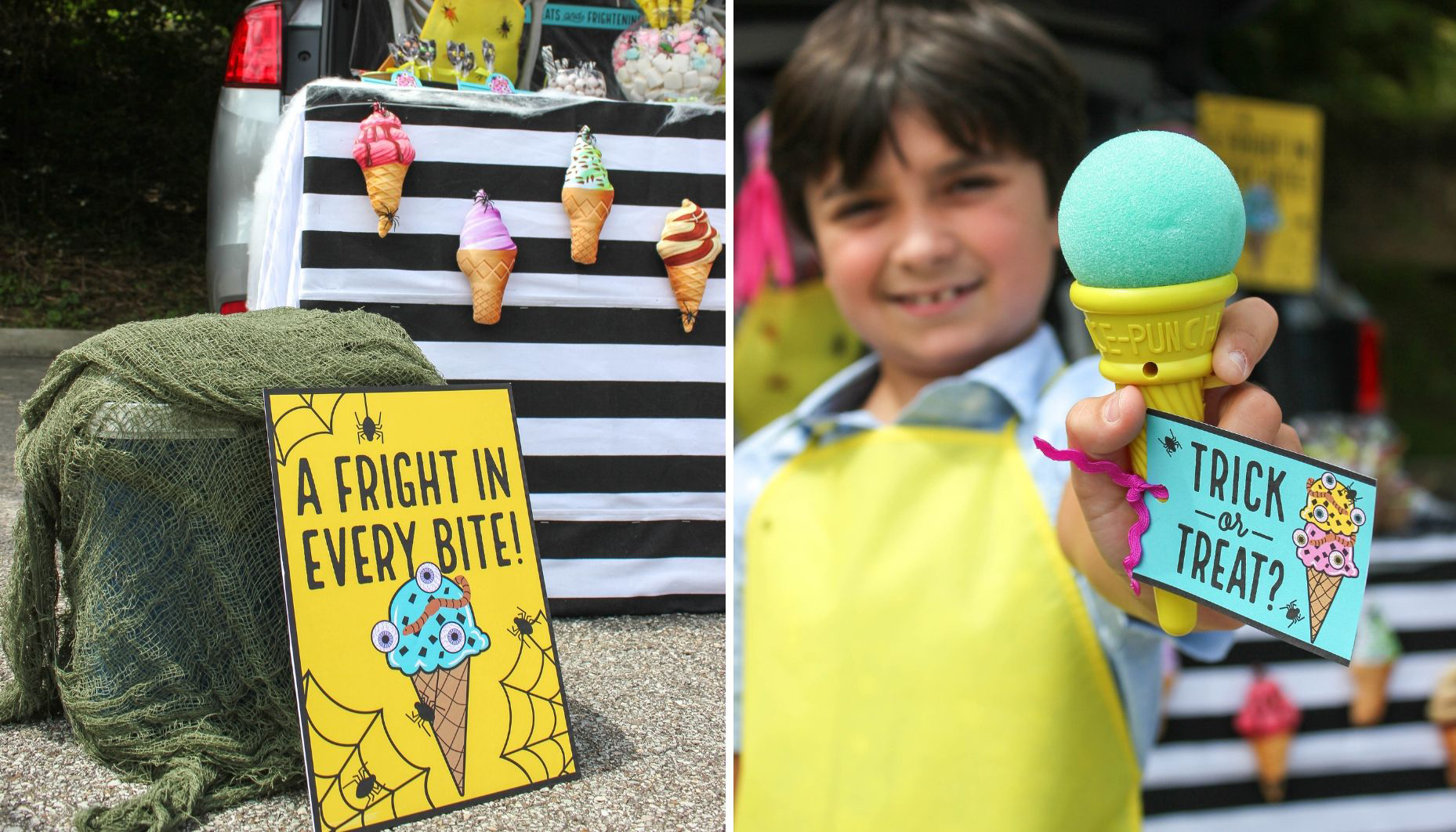 fright in every bite sign and boy holding toy ice cream cone