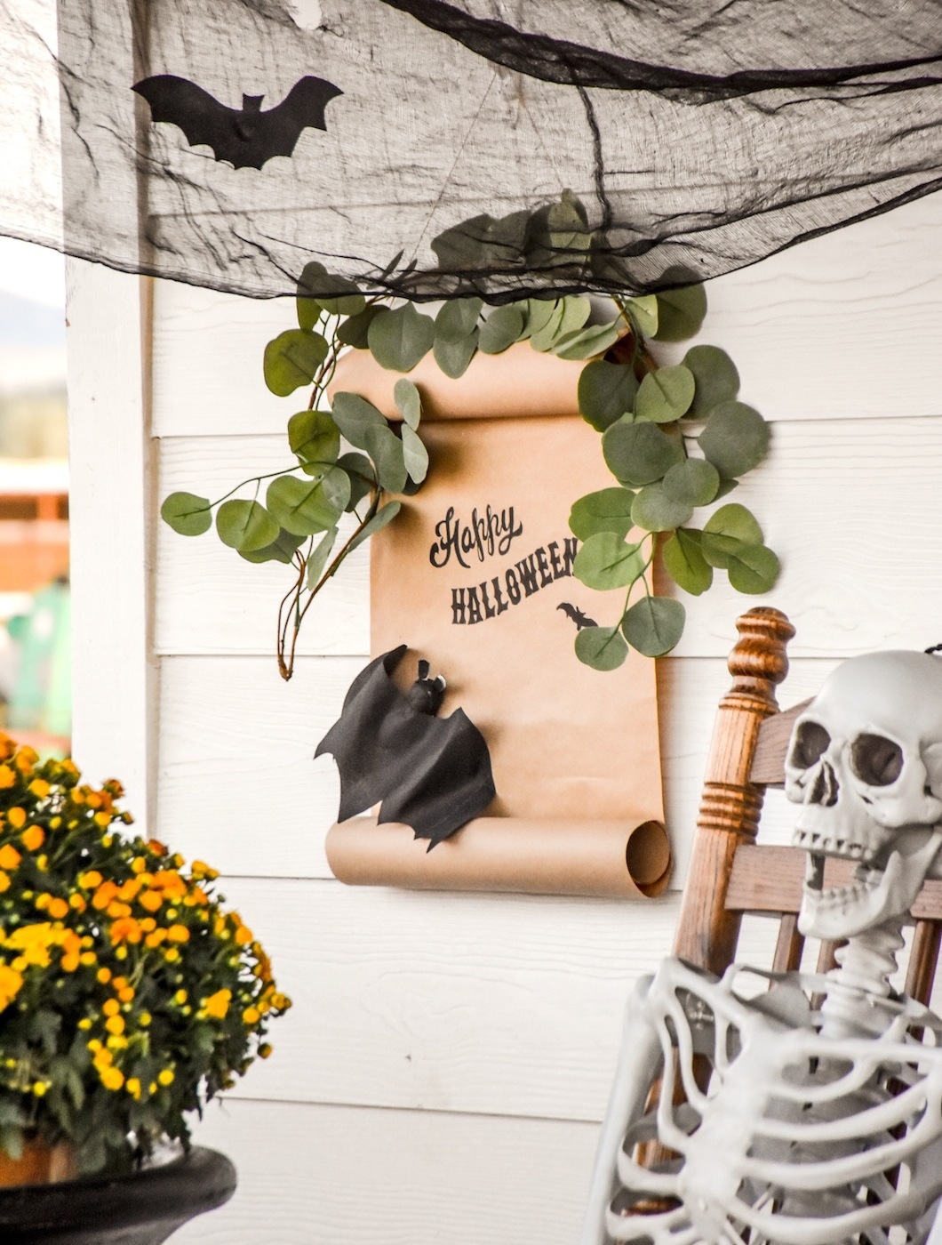 DIY Happy Halloween Scroll Sign Farmhouse Halloween Front Porch Decorating by Kara's Party Ideas for Oriental Trading Company