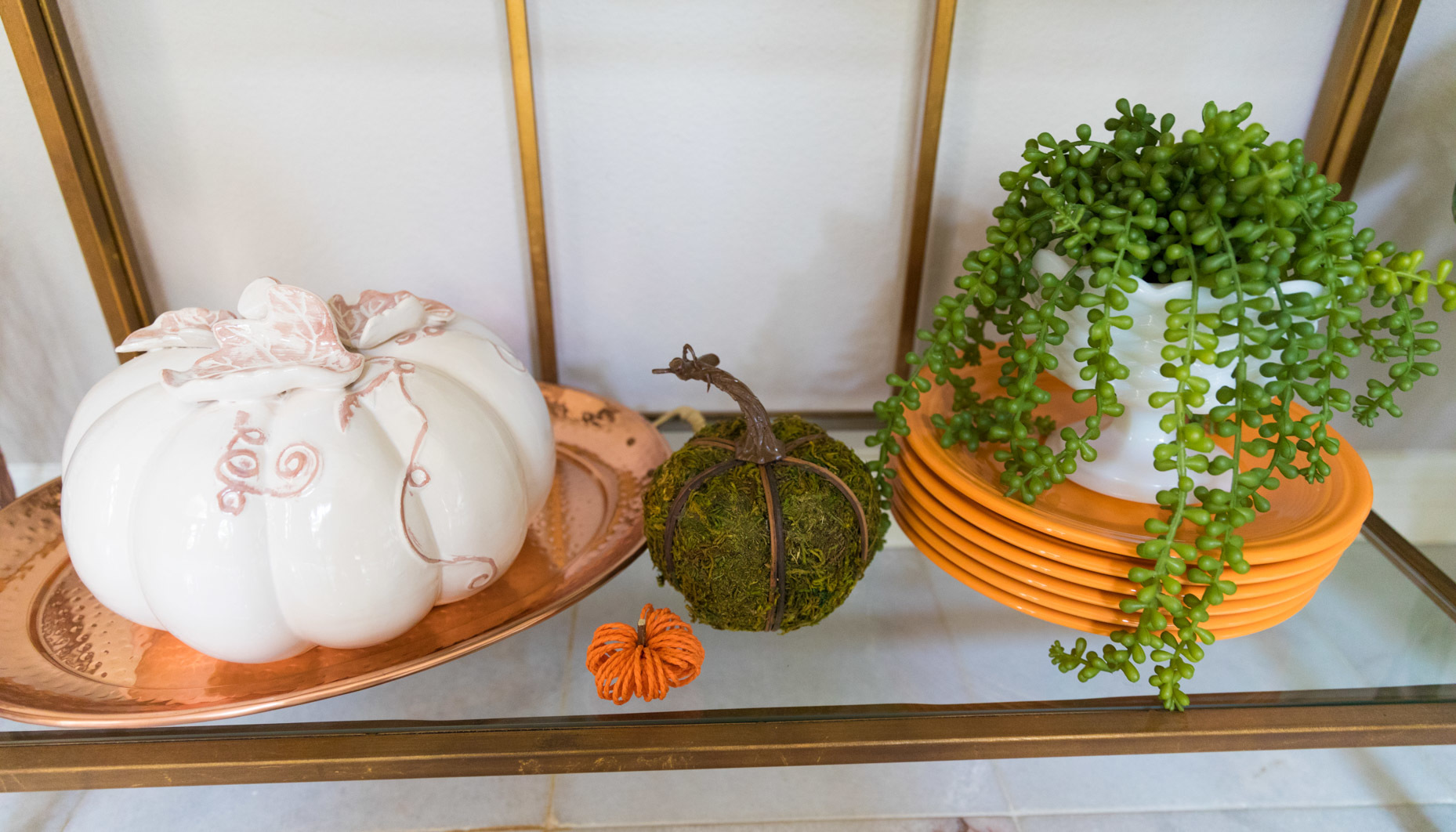 Fall Decorated Dining Room Bookcase