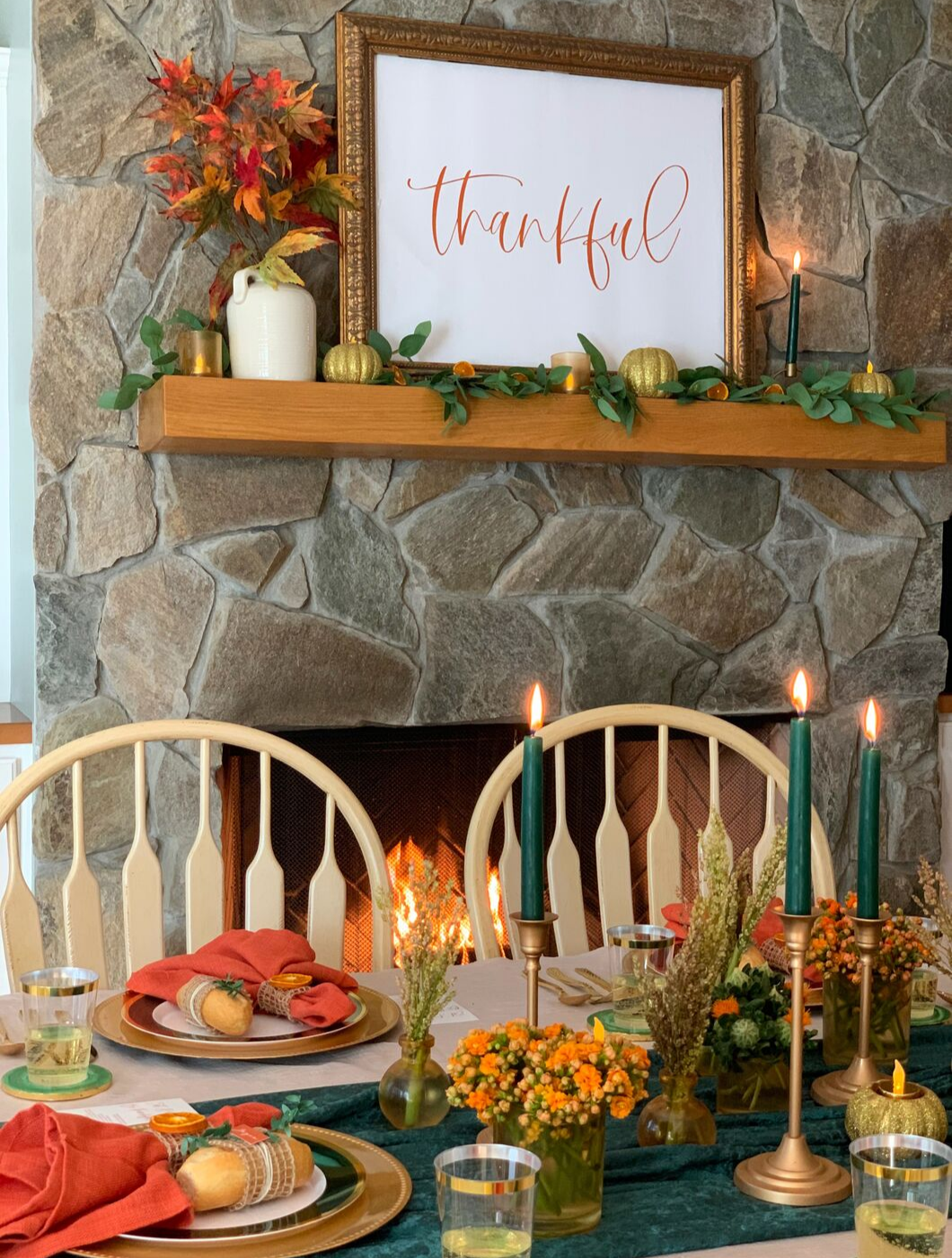 Emerald and Orange Thanksgiving tablescape ideas with free printables.