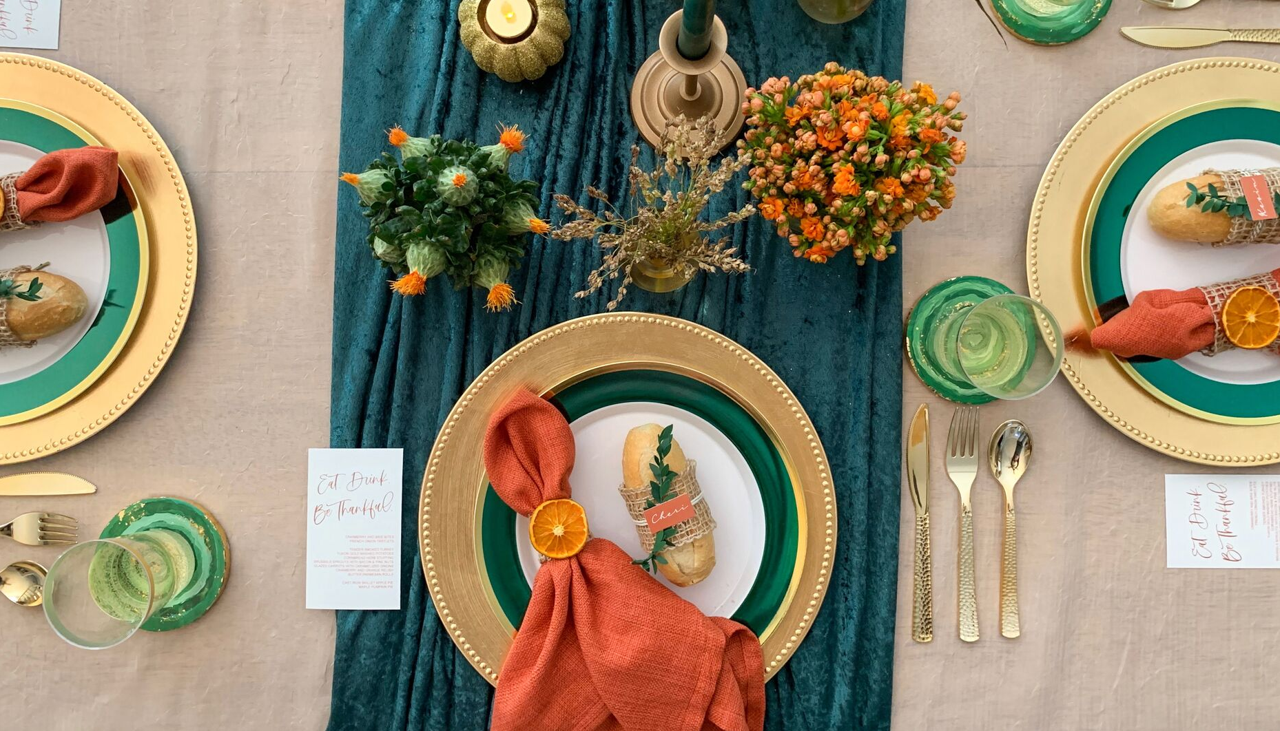 Modern ideas for a gorgeous Emerald and Orange Thanksgiving Tablescape.