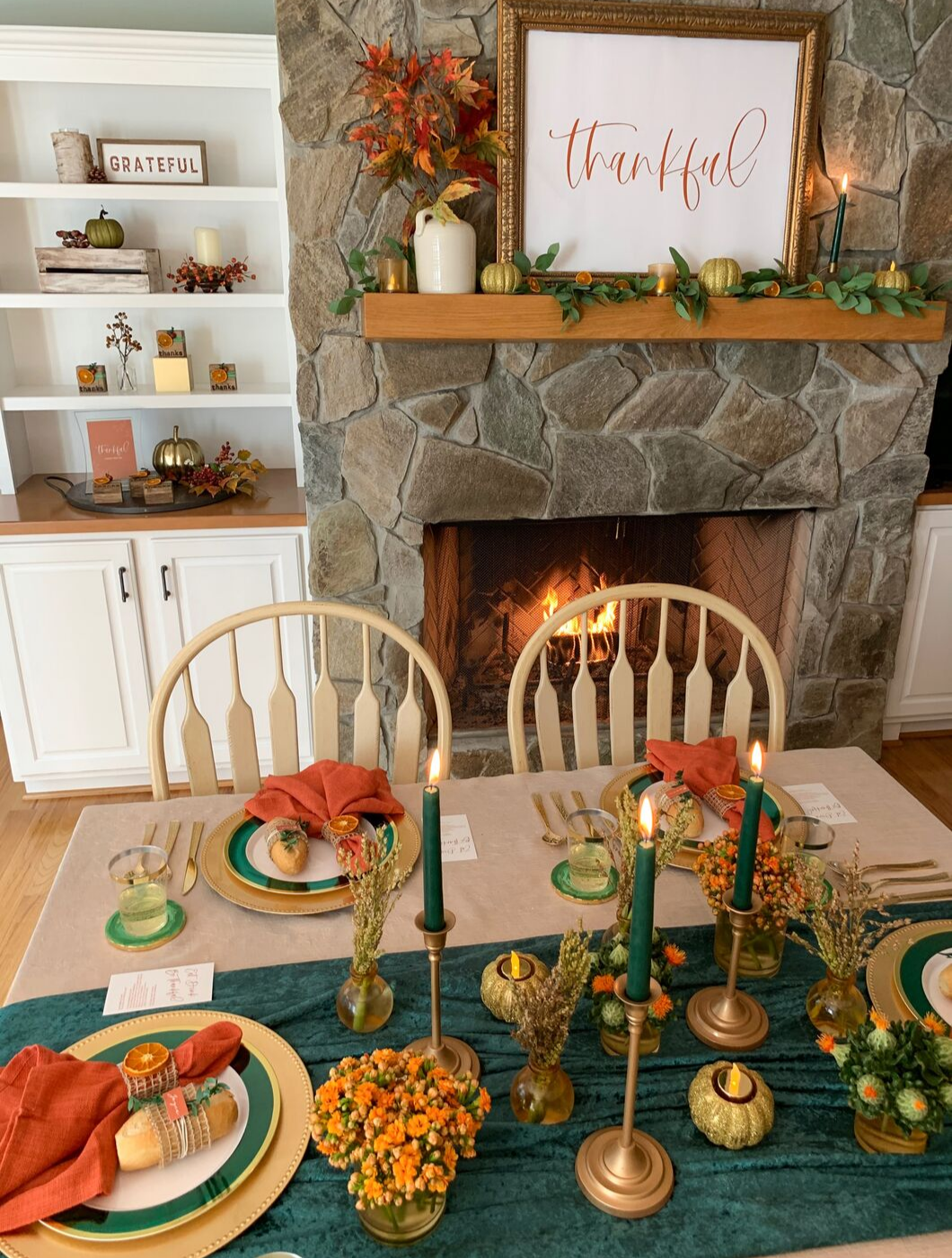 Modern ideas for creating a gorgeous Emerand and Orange Thanksgiving Tablescape.