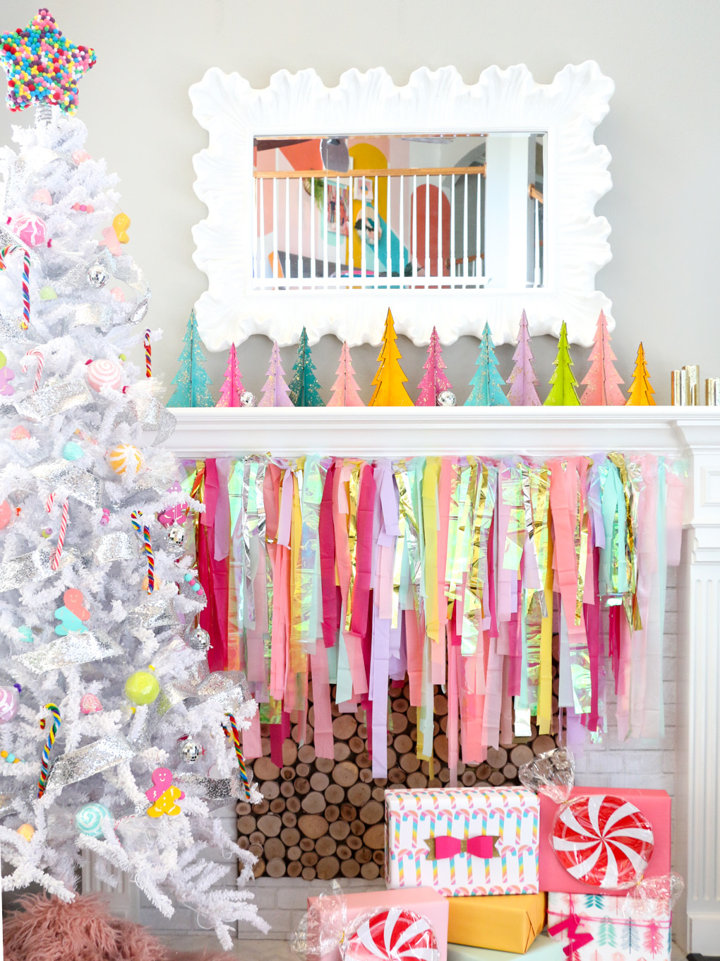 Bright Candy Themed Tree and Mantle