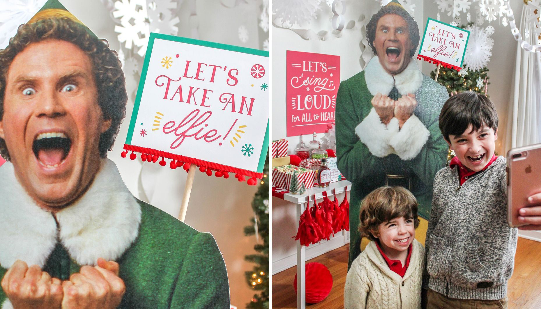 Let's take and elfie sign and boys taking selfie with elf