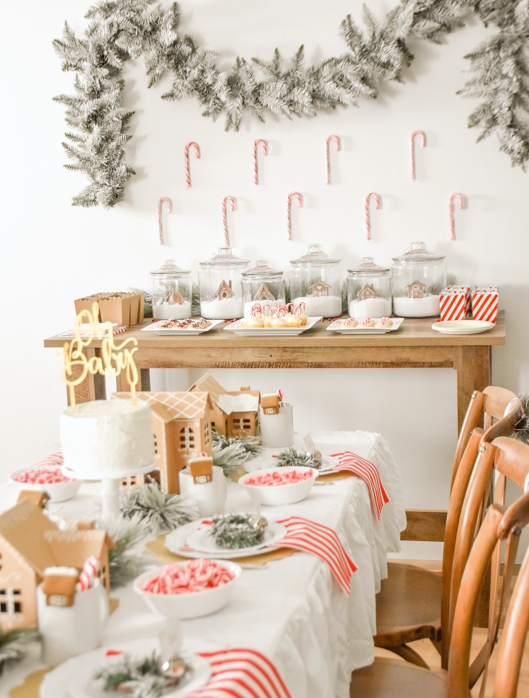 Gingerbread house holiday Christmas baby shower table and ideas