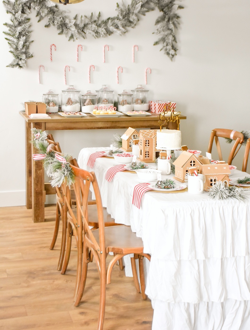 Gingerbread house holiday Christmas baby shower table and ideas