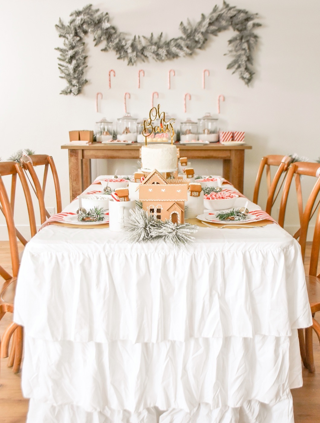 Gingerbread house holiday Christmas baby shower table and ideas