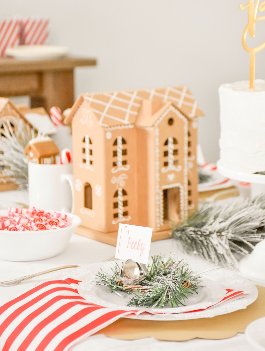 Jingle Bell place card Gingerbread house holiday Christmas baby shower table and ideas