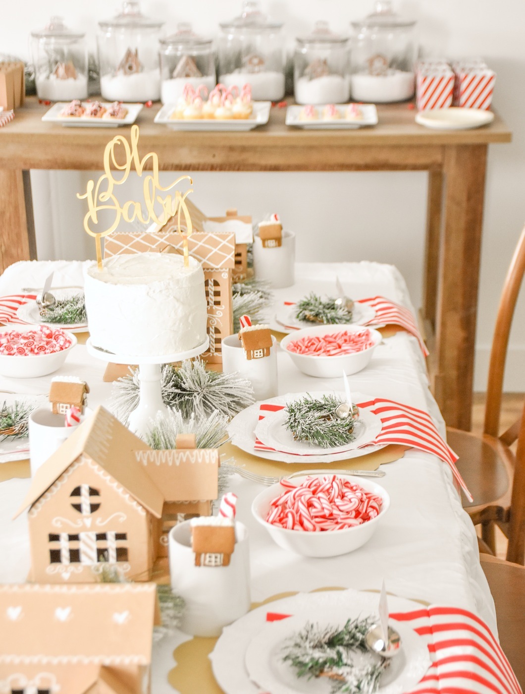 Tablescape Gingerbread house holiday Christmas baby shower table and ideas
