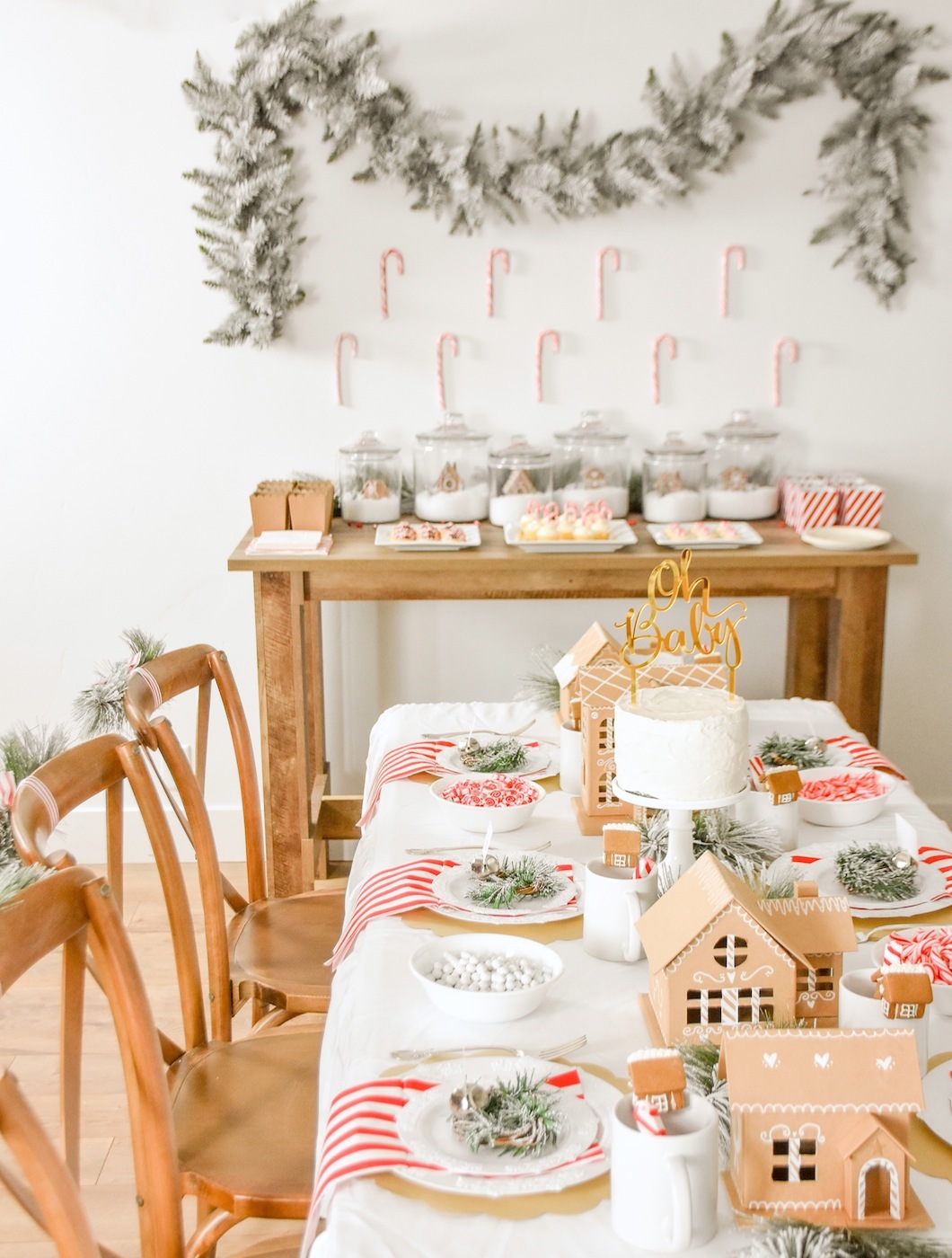 Gingerbread house holiday Christmas baby shower table and ideas