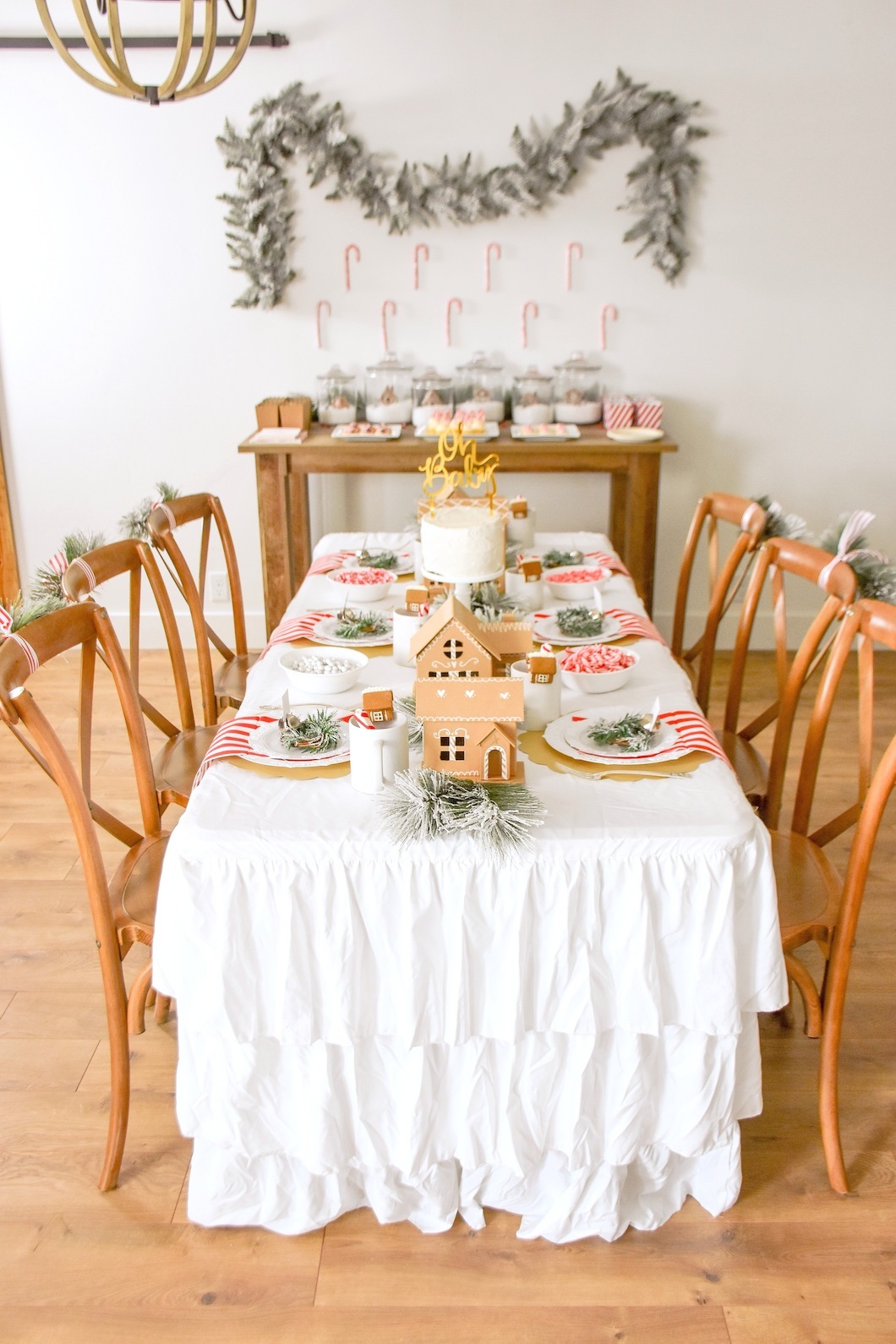 Gingerbread House Holiday Christmas baby shower table and ideas