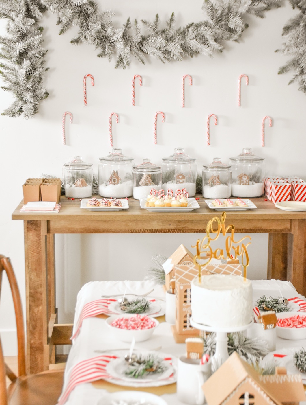 Gingerbread House Holiday Christmas baby shower table and ideas