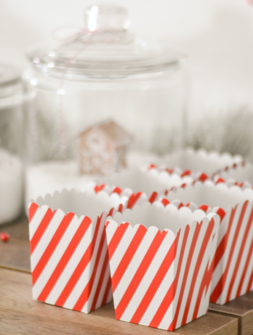 Striped Popcorn Boxes Gingerbread House Holiday Christmas baby shower table and ideas