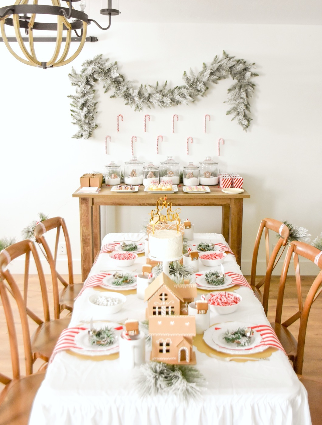 Gingerbread House Holiday Christmas baby shower table and ideas