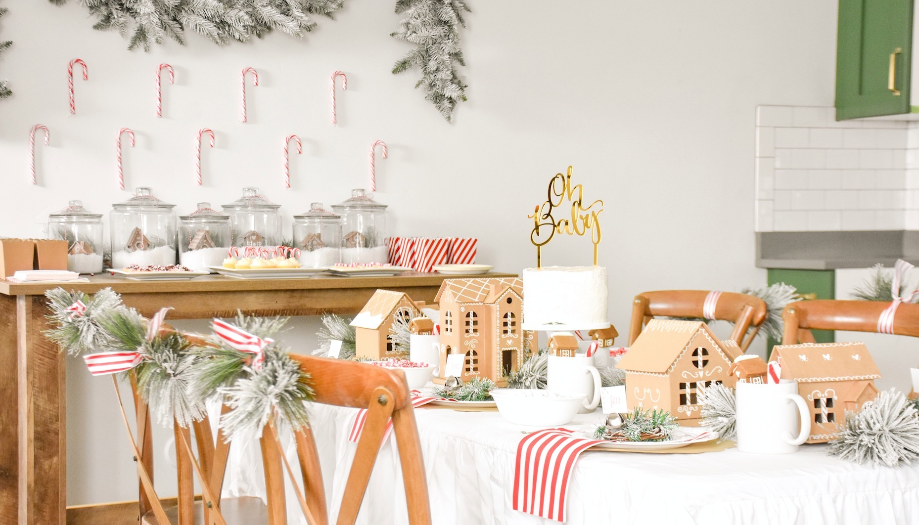Gingerbread House Holiday Christmas baby shower table and ideas