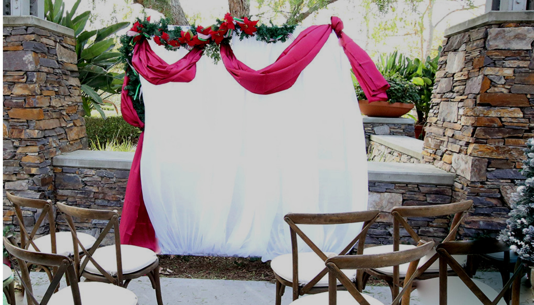 Christmas wedding arch with red draped fabric and poinsettias