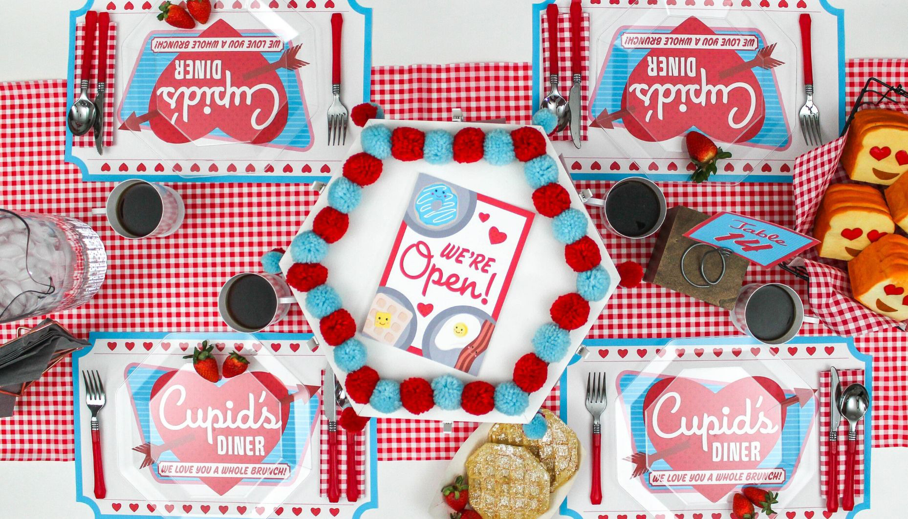 top-down view of full diner table setting