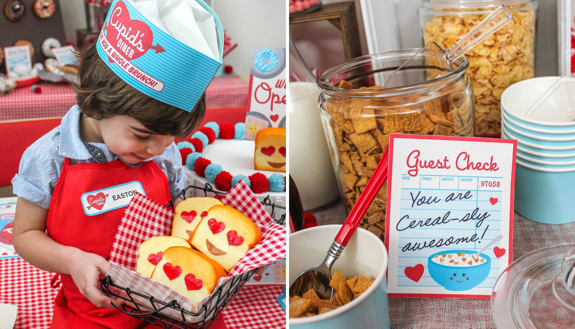 photo of boy holding toast squishies and a photo of a themed cereal bar